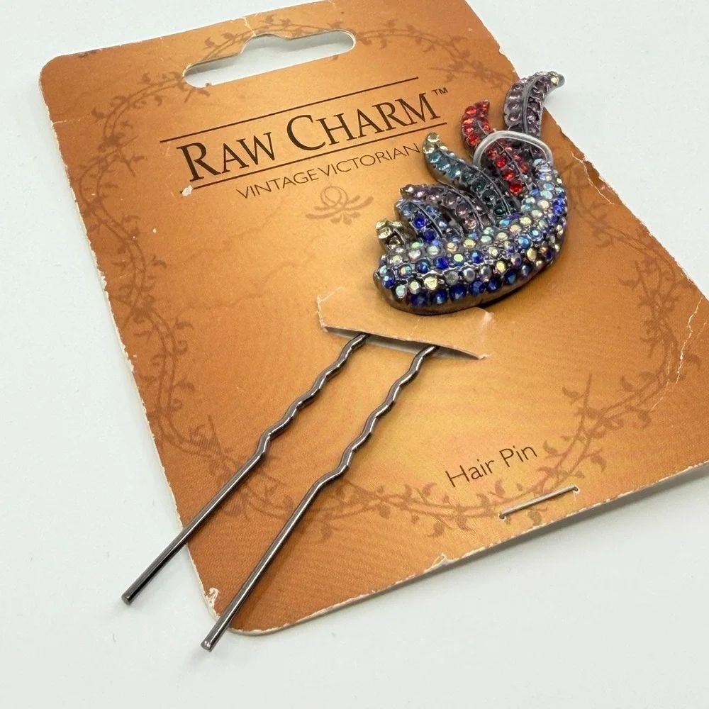 Vintage Raw Charm Victorian Multicolor Rhinestone Wing Hair Pin Gunmetal Tone